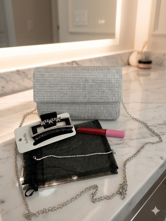 Handbags - Silver Rhinestone Chain Clutch - Elegant Evening Bag bundle, new